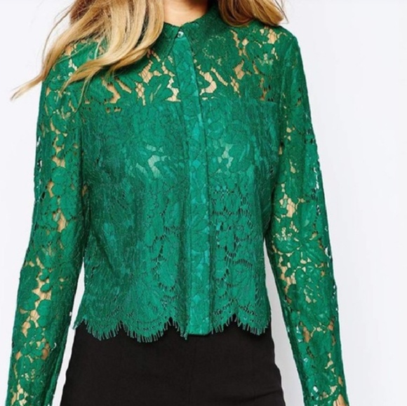 Elegant Green lace long sleeve button down shirt - Picture 3 of 3